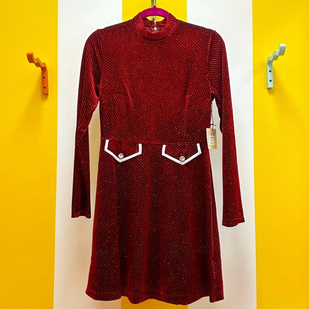 Smak Parlour Burgundy Sparkle high-Neck Mod Fit&Flare w/ Ornate Pocket Front